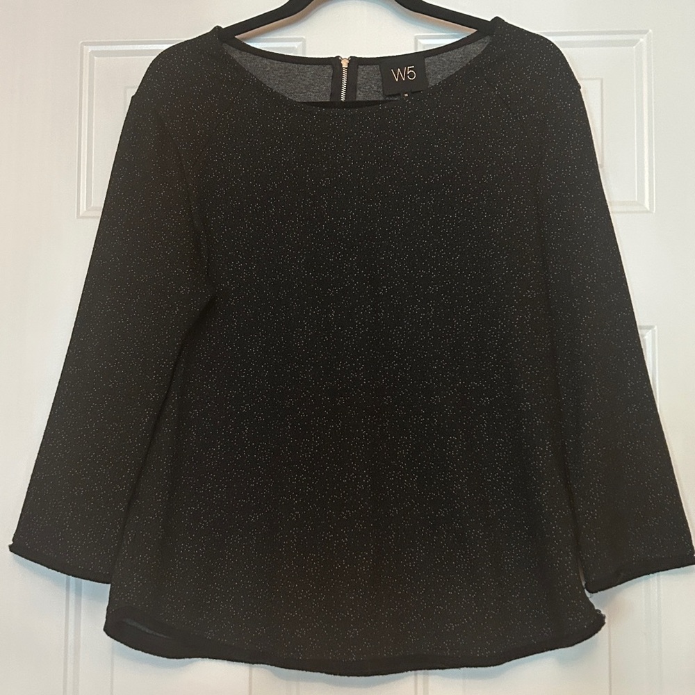 Anthropology W5 Women's LS Top M Black Speckled Dots Frayed Hem